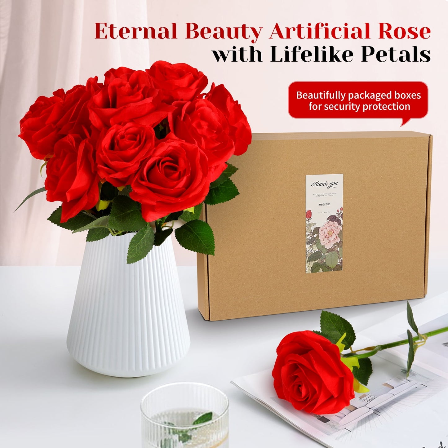 20 PCs Red Roses Artificial Silk Flowers