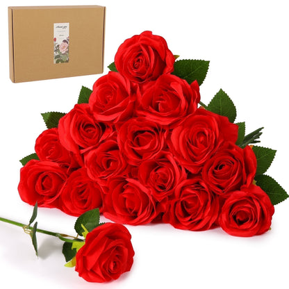 20 PCs Red Roses Artificial Silk Flowers