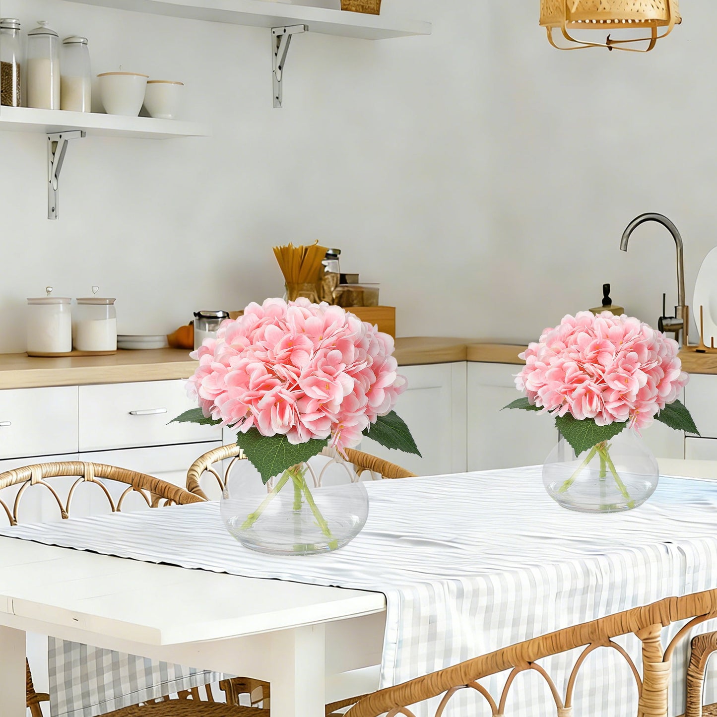 Artificial Hydrangea Arrangement in Glass Vase Fake Flowers